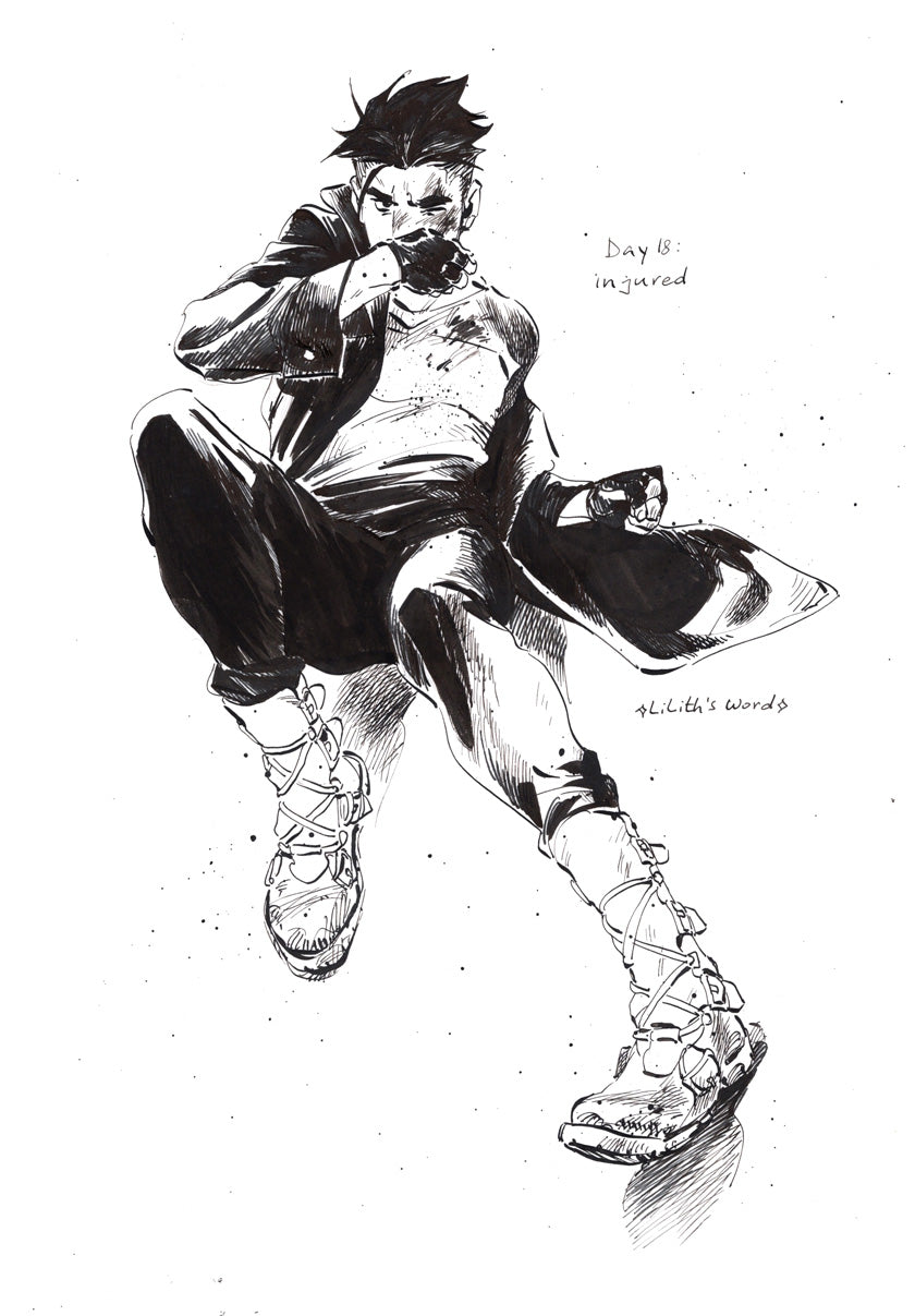 Original ink drawing - Day 18, injured