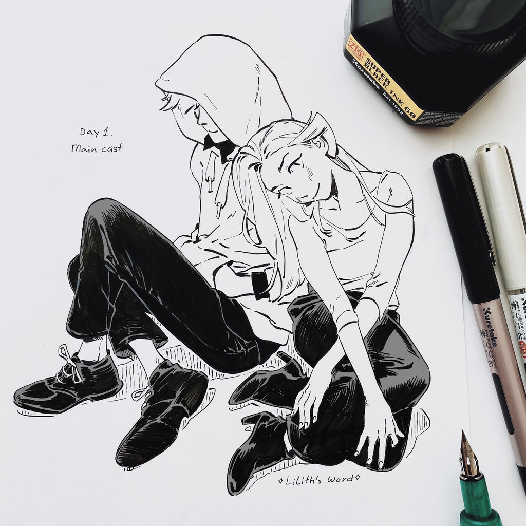 Original ink drawing - Day 1, main cast