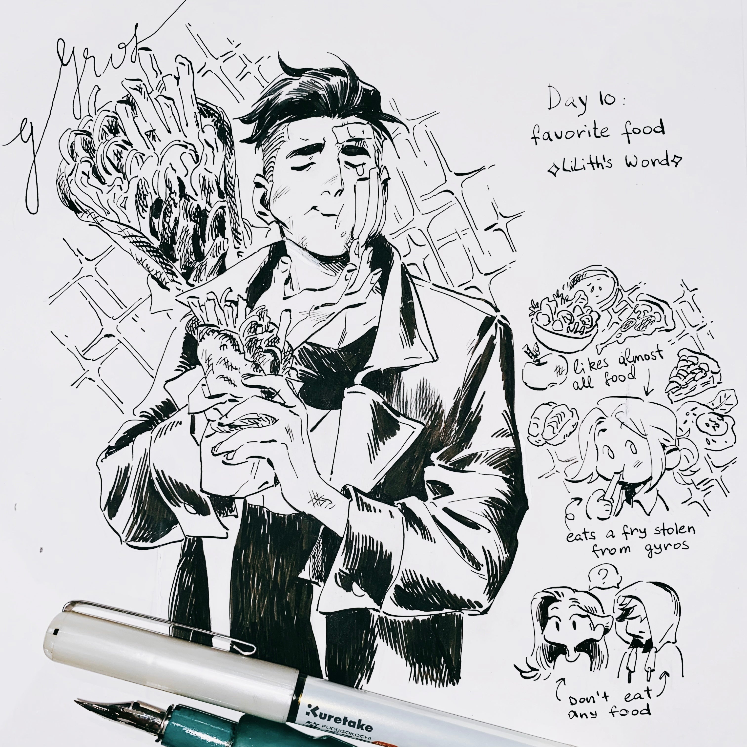 Original ink drawing - Day 10, favourite food