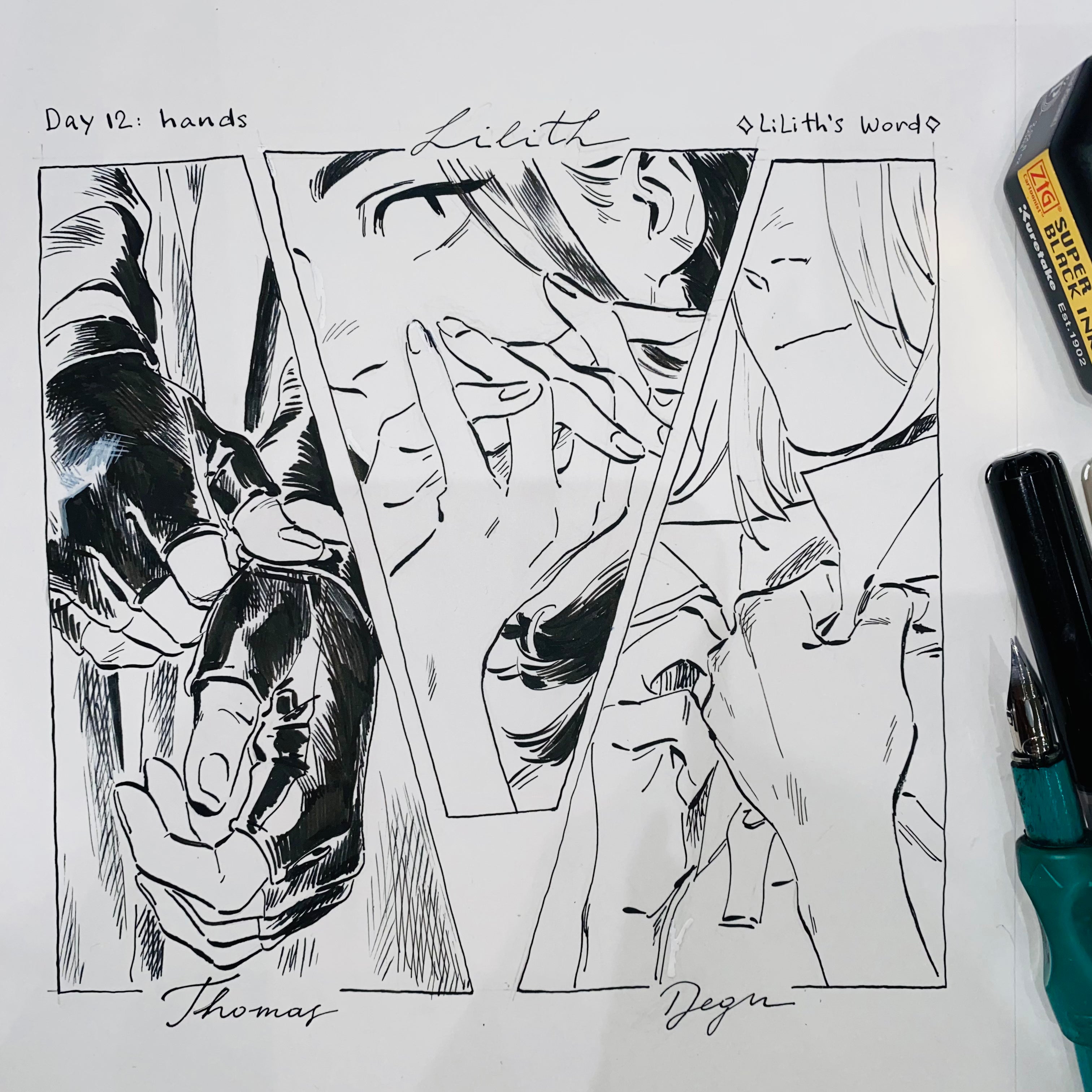 Original ink drawing - Day 12, hands