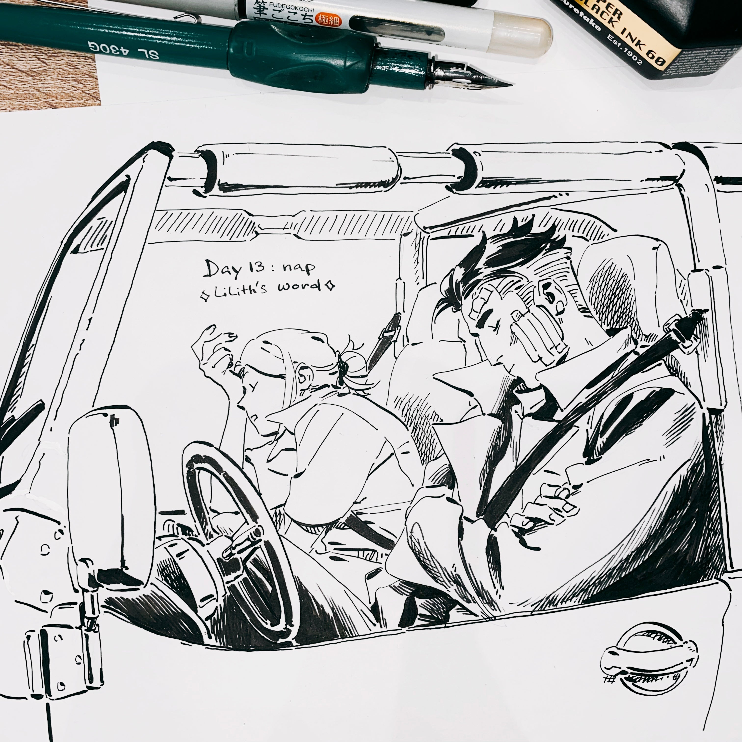 Original ink drawing - Day 13, nap