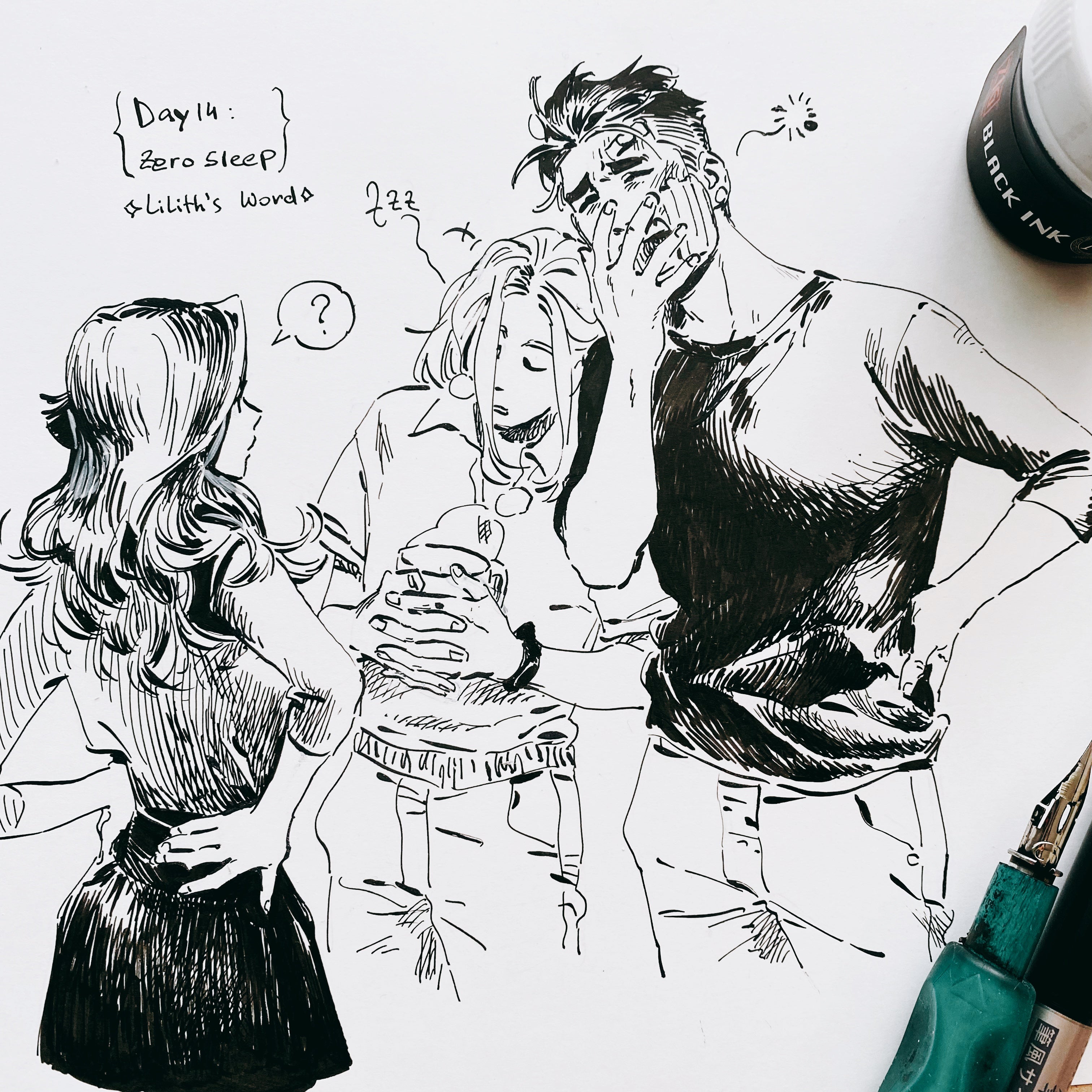Original ink drawing - Day 14, zero sleep