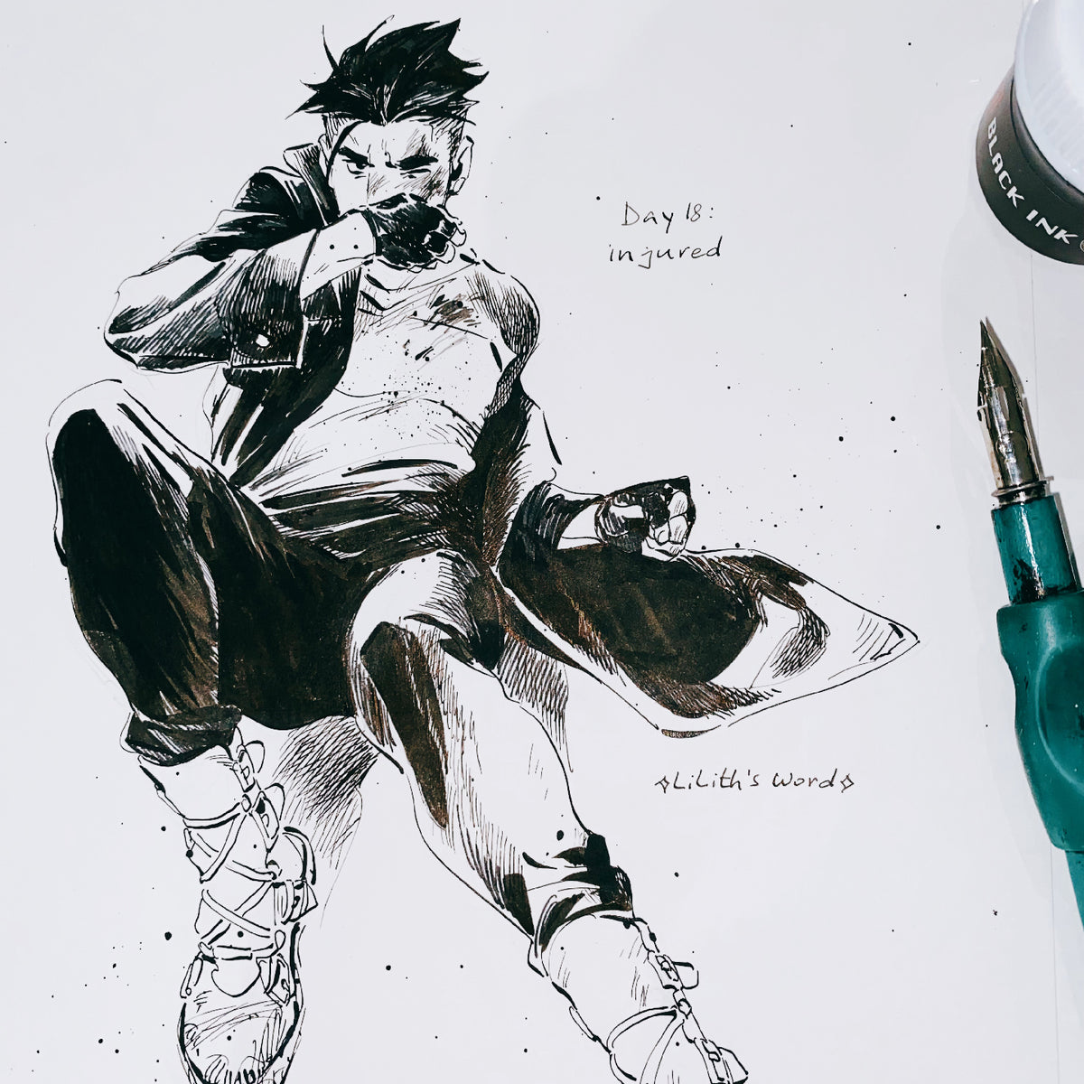 Original ink drawing - Day 18, injured