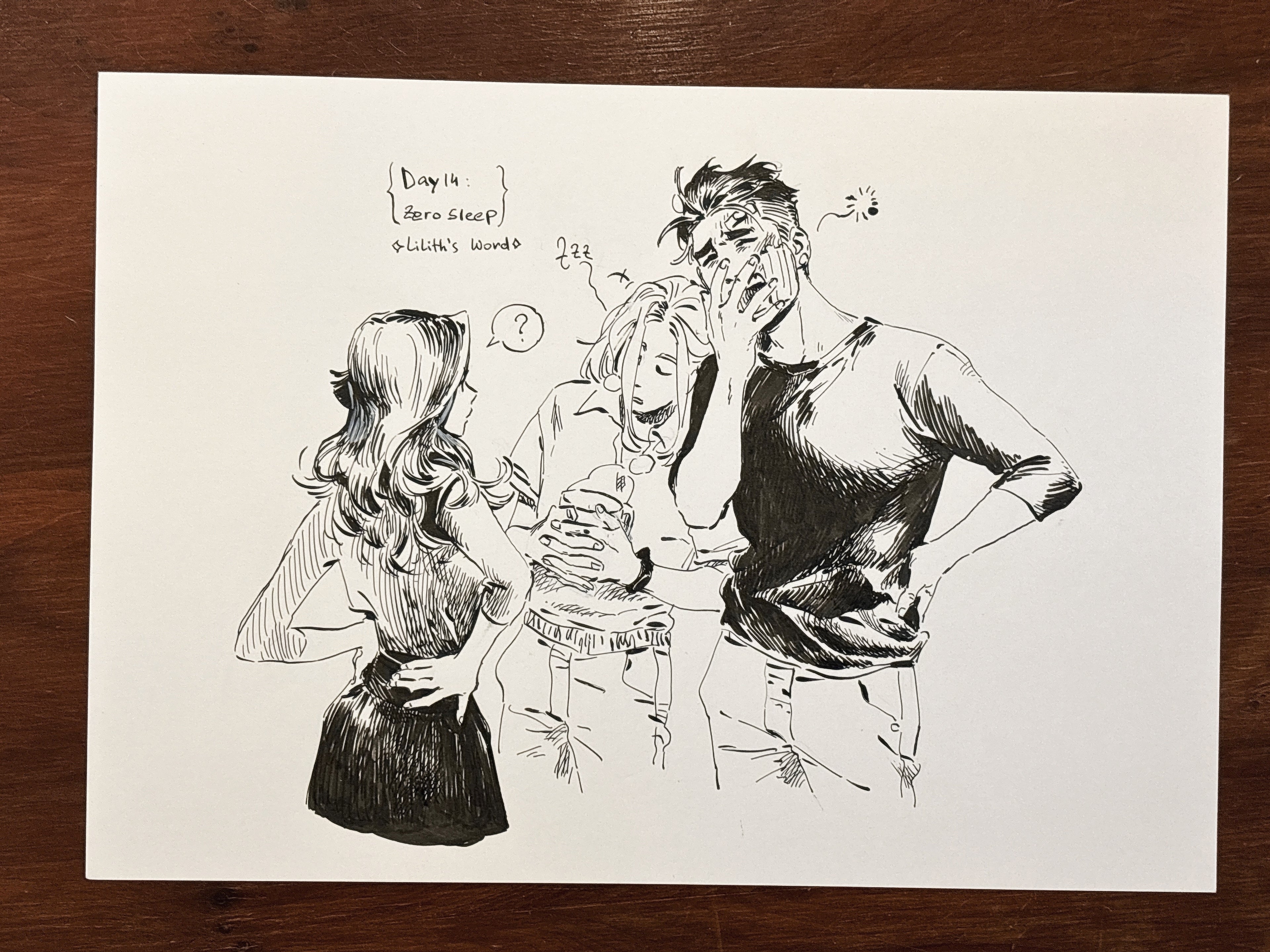 Original ink drawing - Day 14, zero sleep