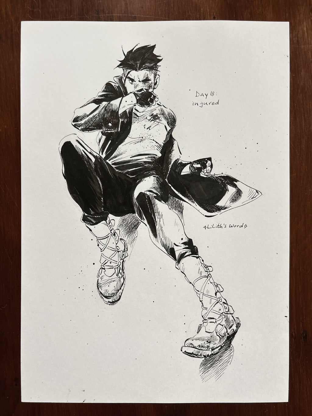 Original ink drawing - Day 18, injured