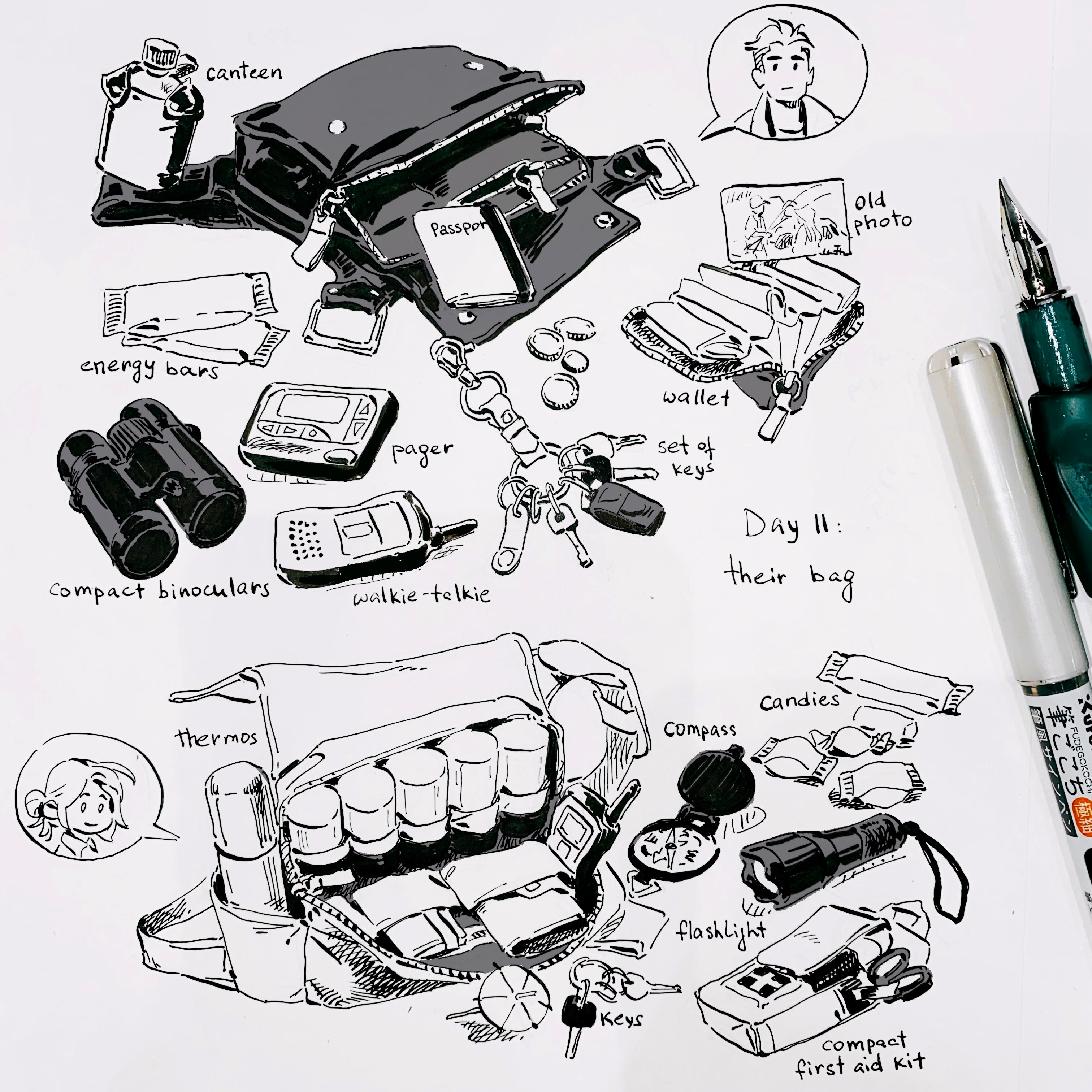 Original ink drawing - Day 11, Their bag