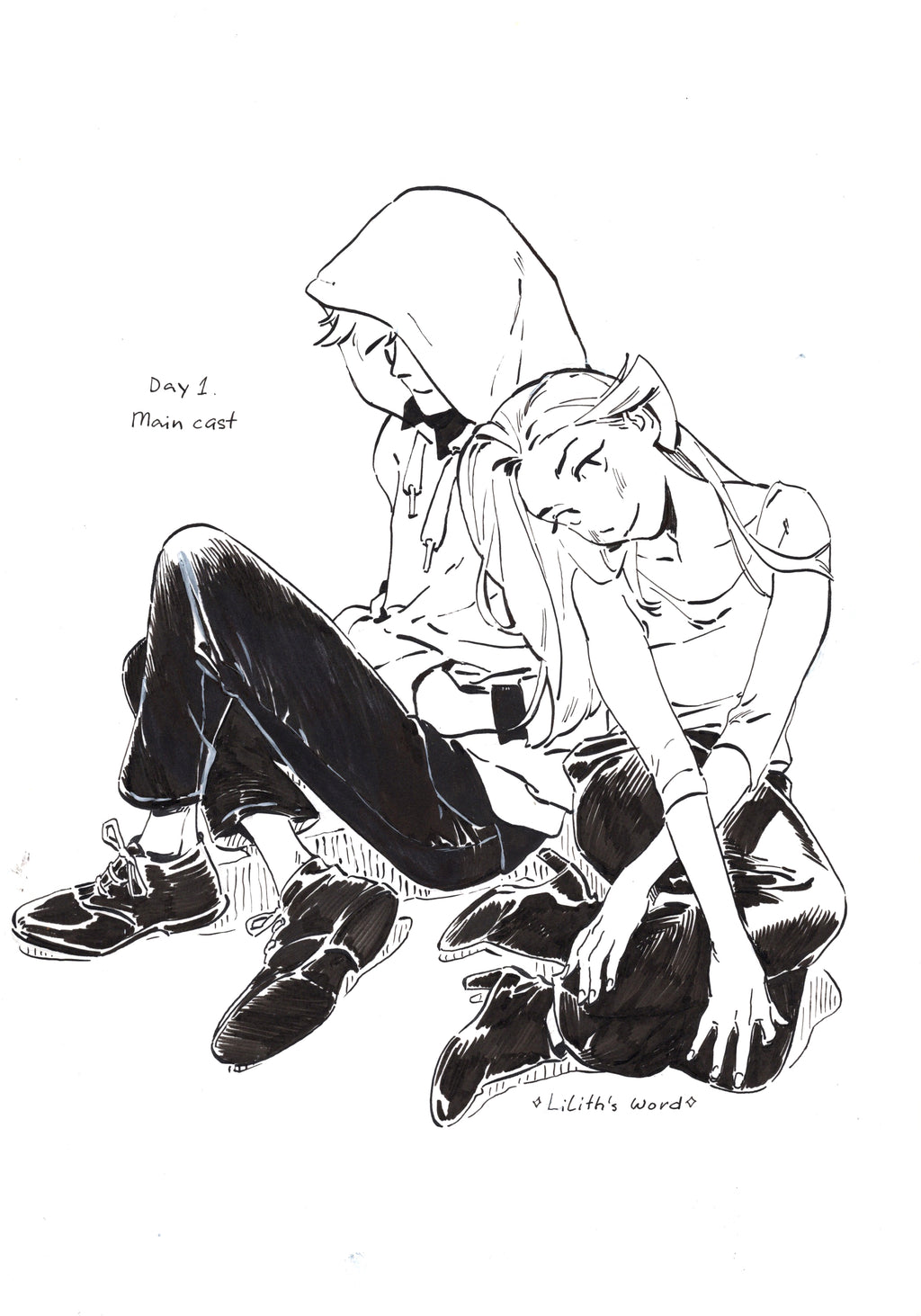 Original ink drawing - Day 1, main cast