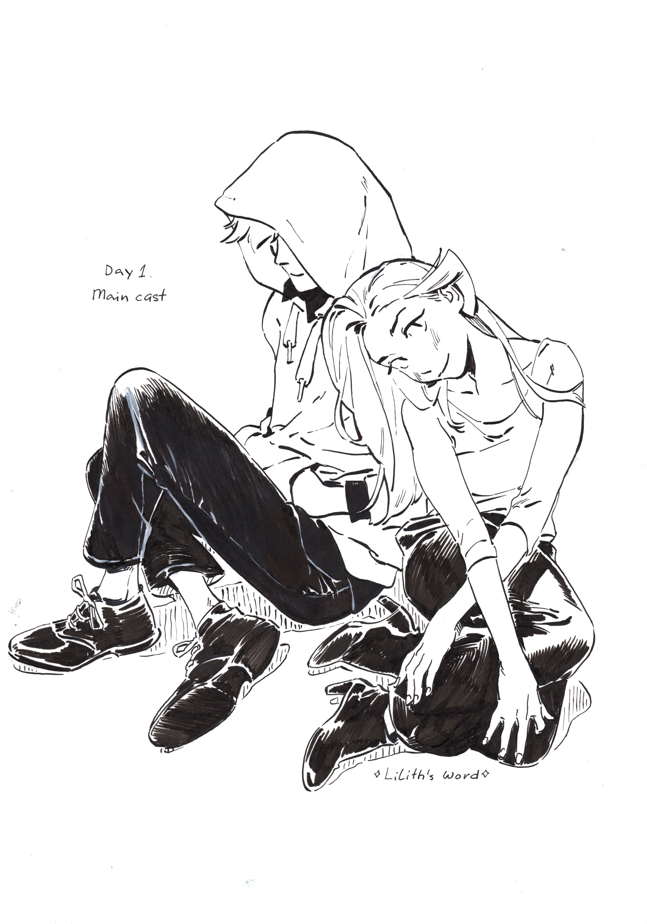 Original ink drawing - Day 1, main cast